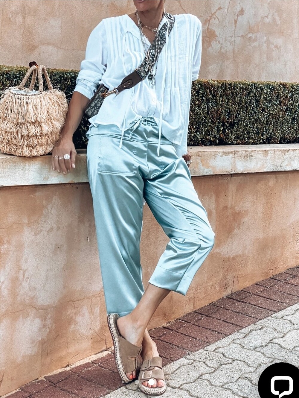 and Andrea Light Blue Satin Cropped Drawstring Pants